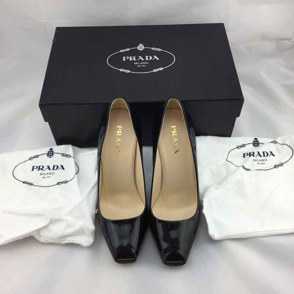 Prada black patent peep-toe pump